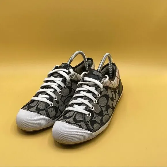 Coach Tan and Black Sneakers with Geometric Pattern and White Toe Cap - Picture 1 of 4
